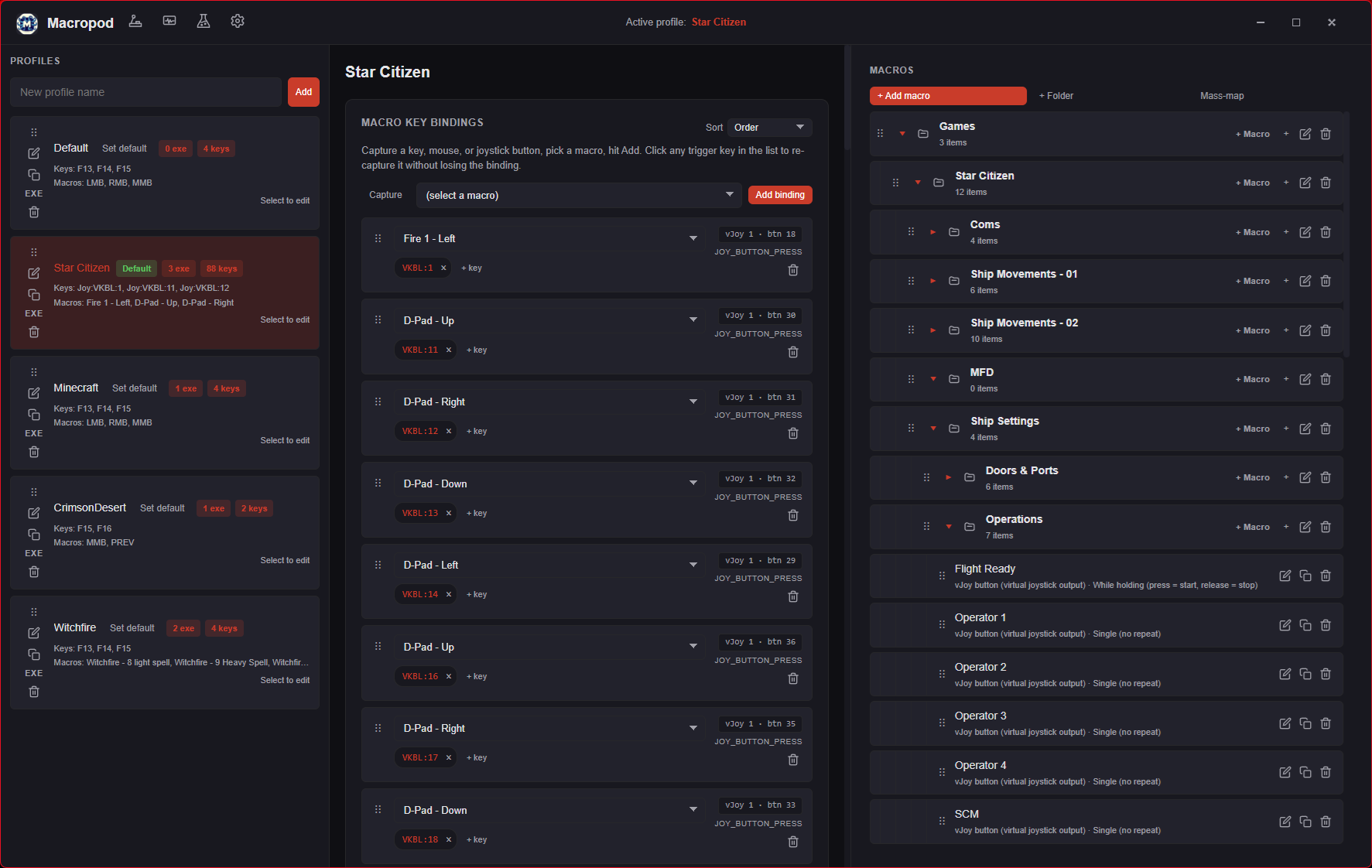 Macropod main UI in the dark theme, showing profiles, bindings, and the macro list.