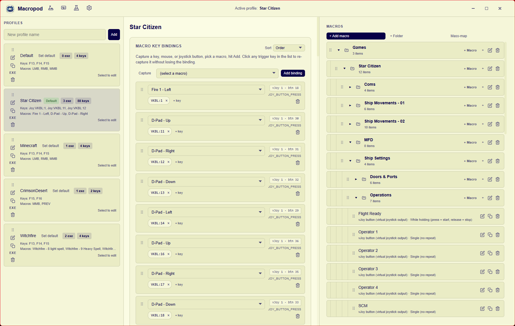 Macropod main UI in the light theme, showing profiles, bindings, and the macro list.