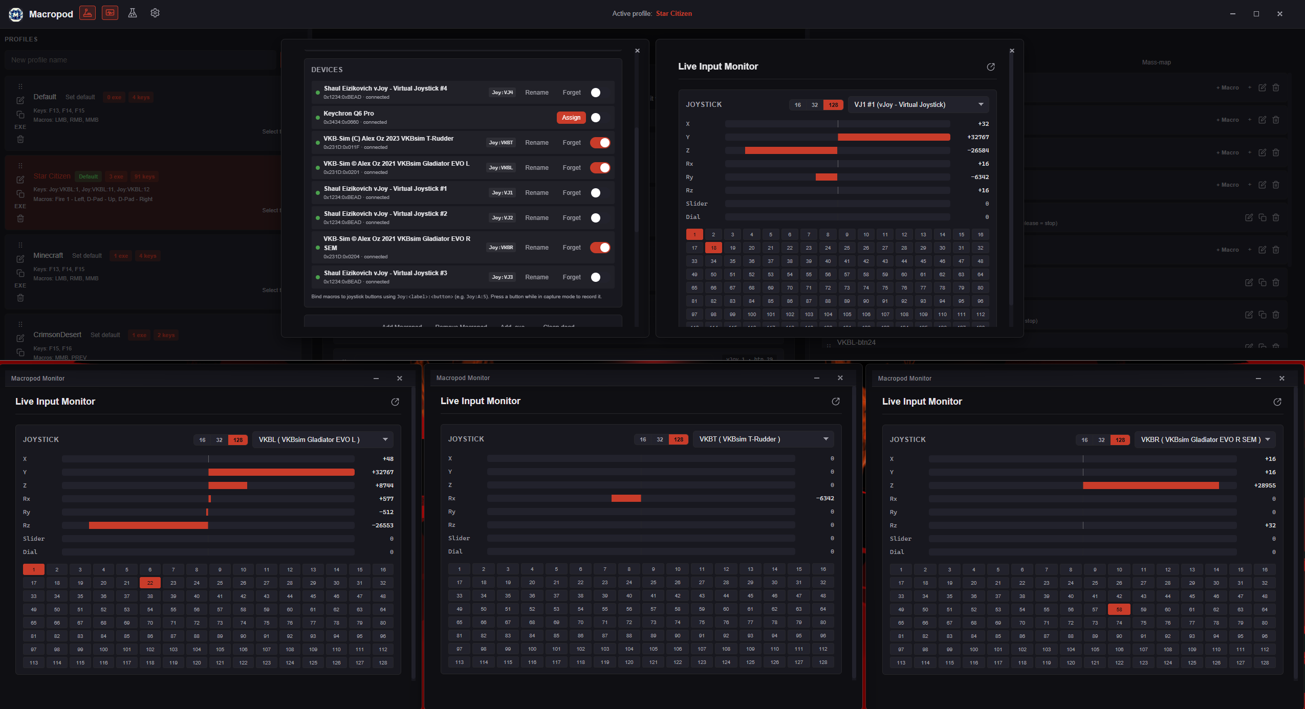 Macropod full interface: profiles, connected devices, and live input monitors.